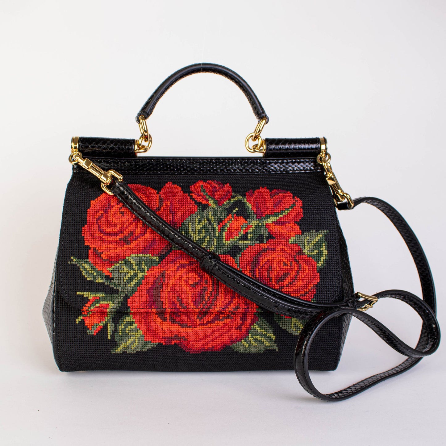 Dolce & Gabbana Elegant Roses Embroidered Leather Handbag