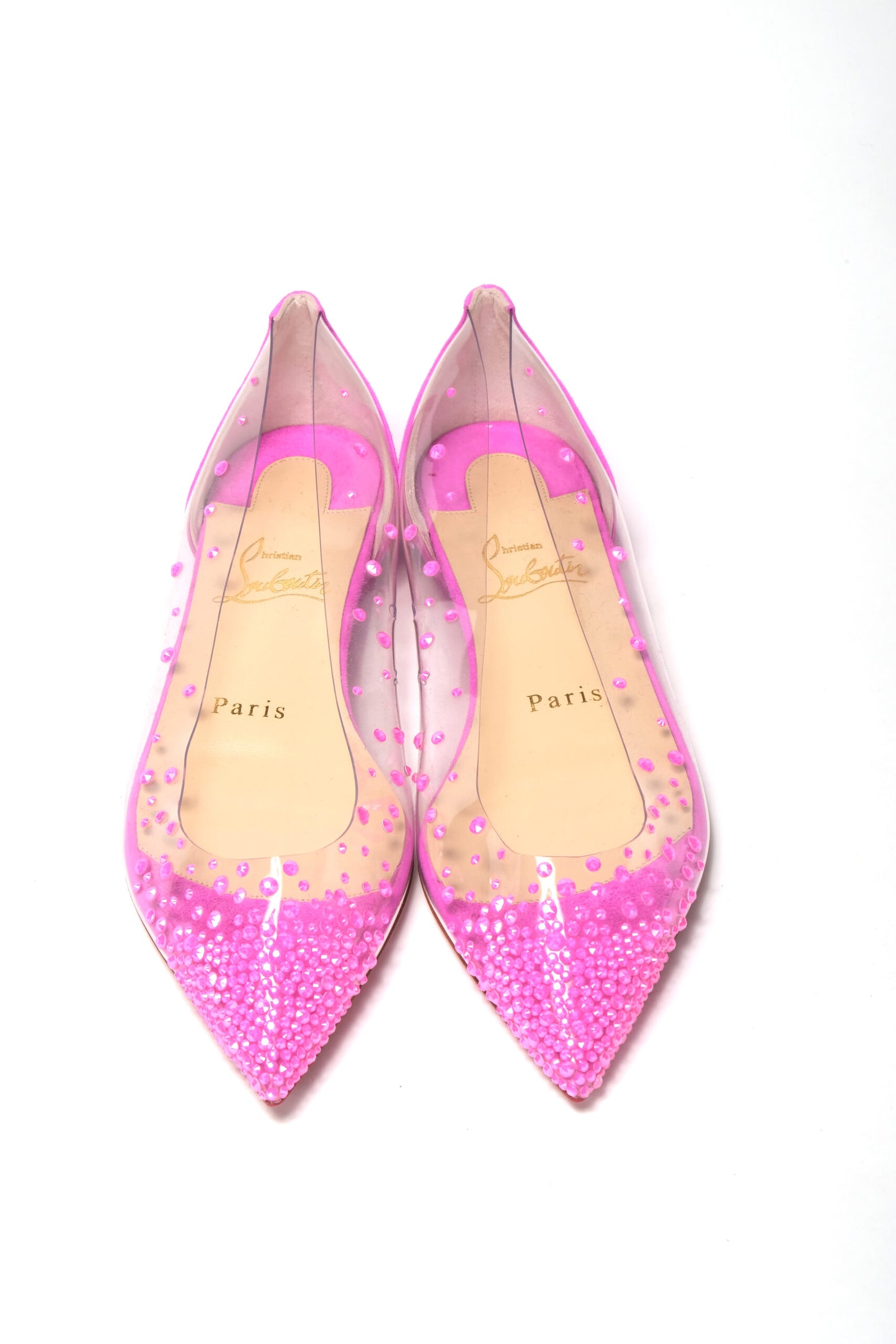 Christian Louboutin Hot Pink Suede Crystals Flat Point Toe Shoe