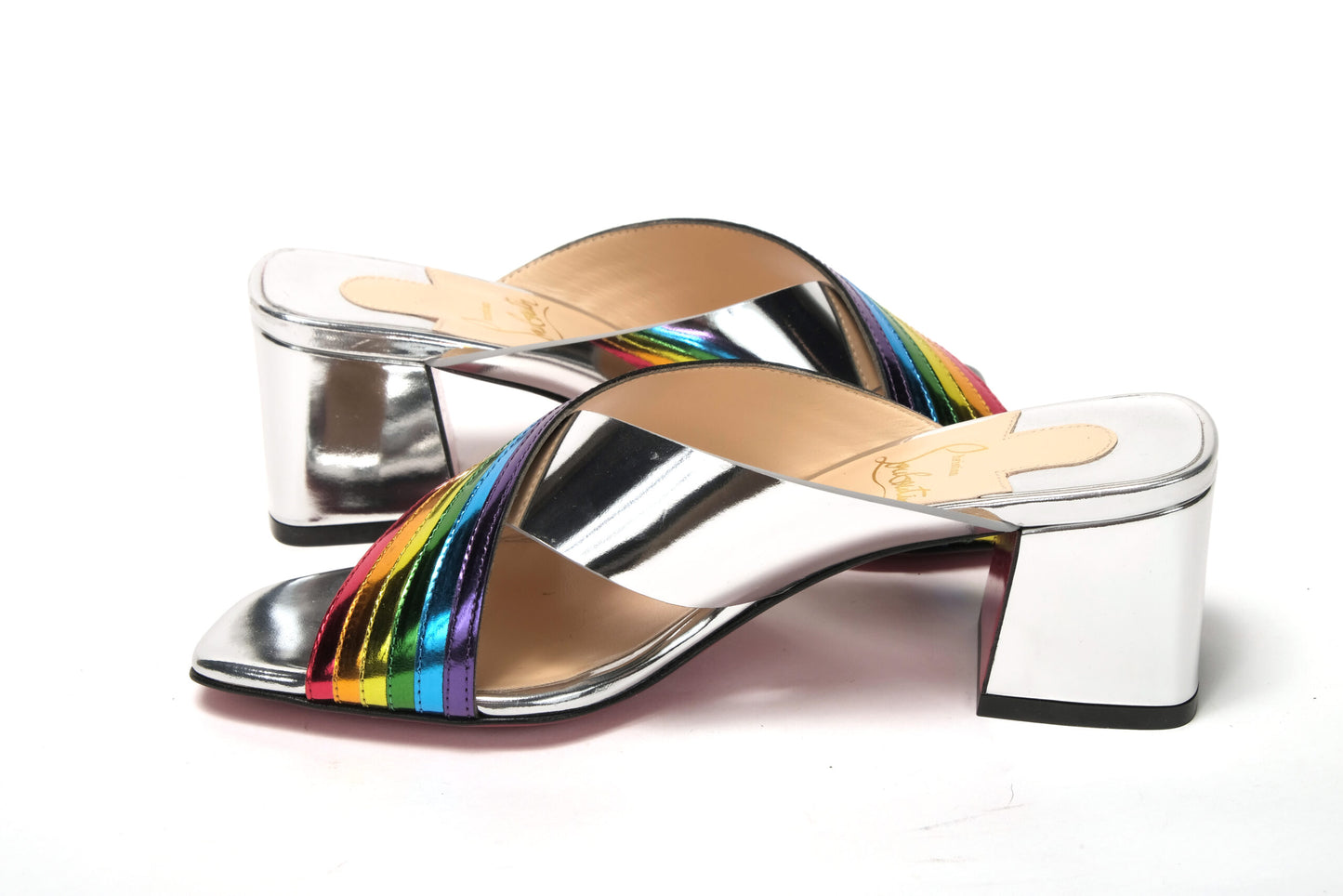 Christian Louboutin Silver Silver And Rainbow Stripe Mule Sandal