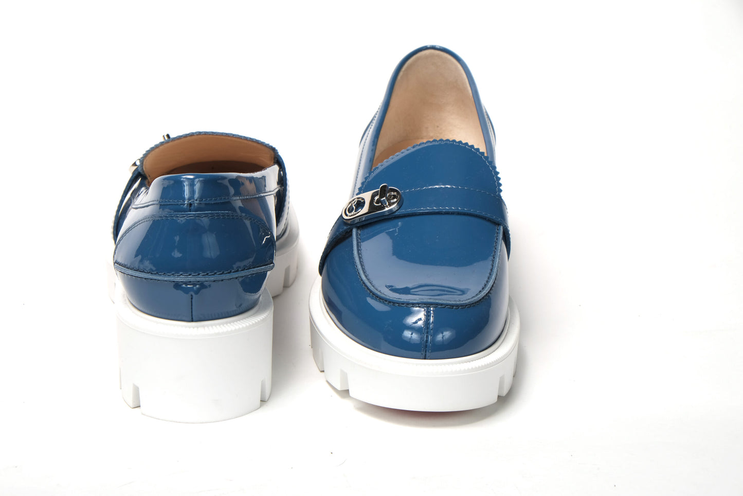 Christian Louboutin Blue And White Silver Logo Lock Boat Shoe