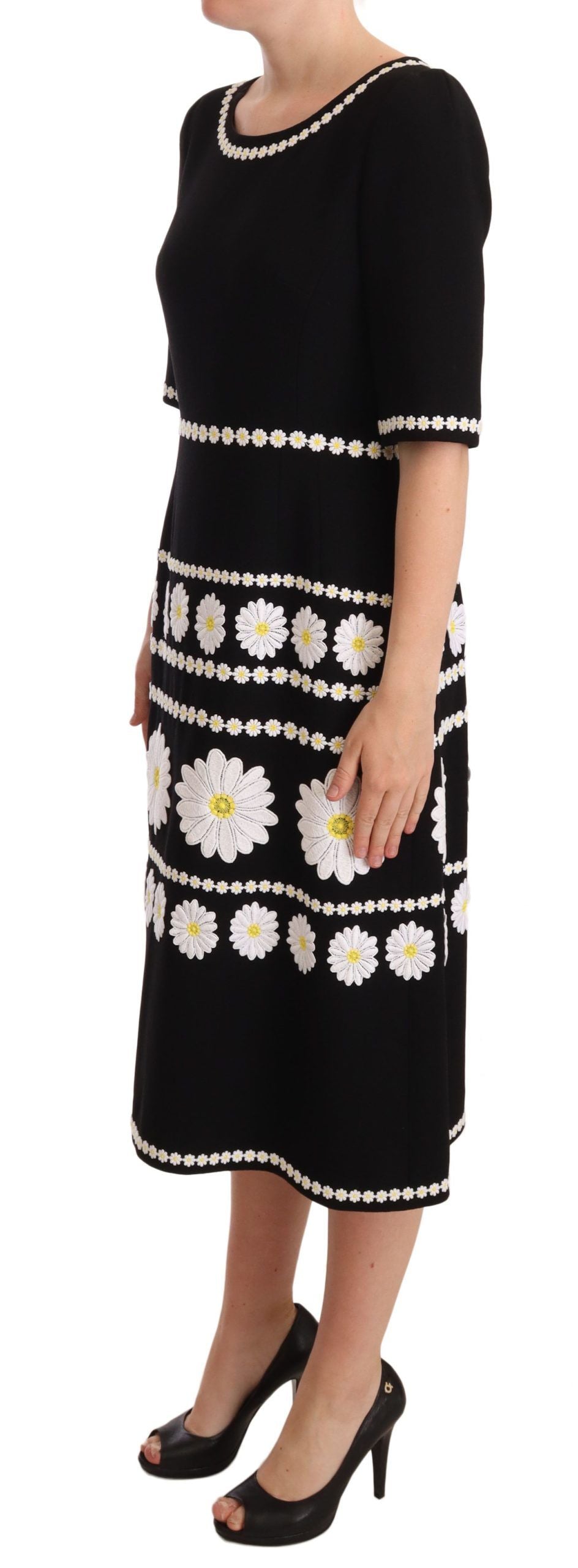 Dolce & Gabbana Chic Black Daisy Embroidered A-Line Midi Dress