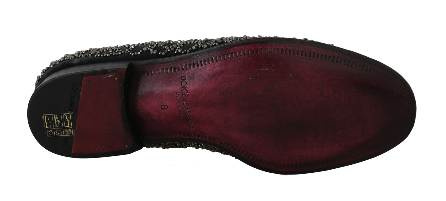 Dolce & Gabbana Elegant Black Velvet Loafers with Crystal Detail