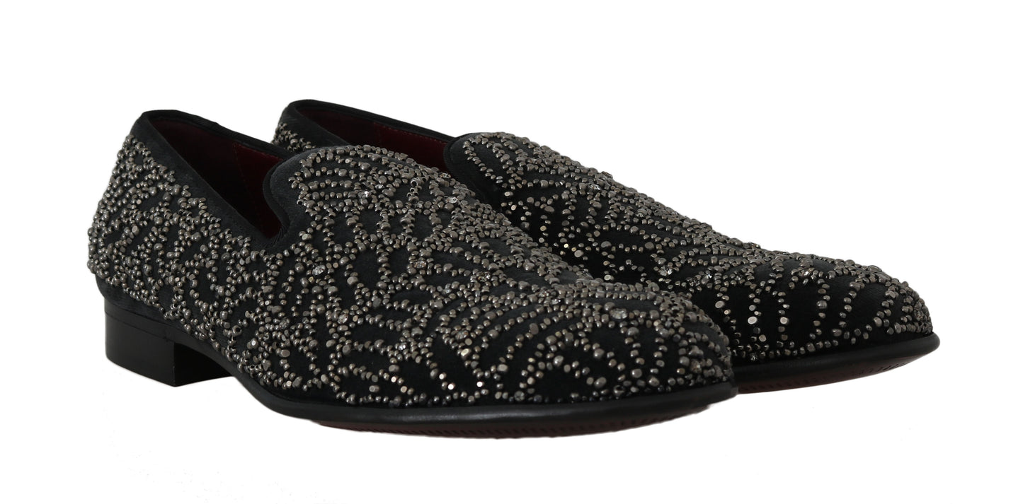 Dolce & Gabbana Elegant Black Velvet Loafers with Crystal Detail