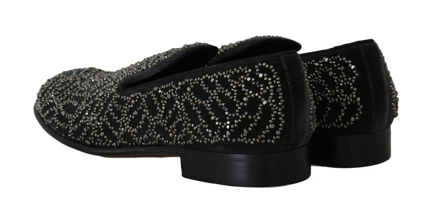 Dolce & Gabbana Elegant Black Velvet Loafers with Crystal Detail