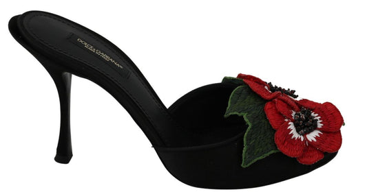 Dolce & Gabbana Elegant Black Silk Rose Heeled Sandals