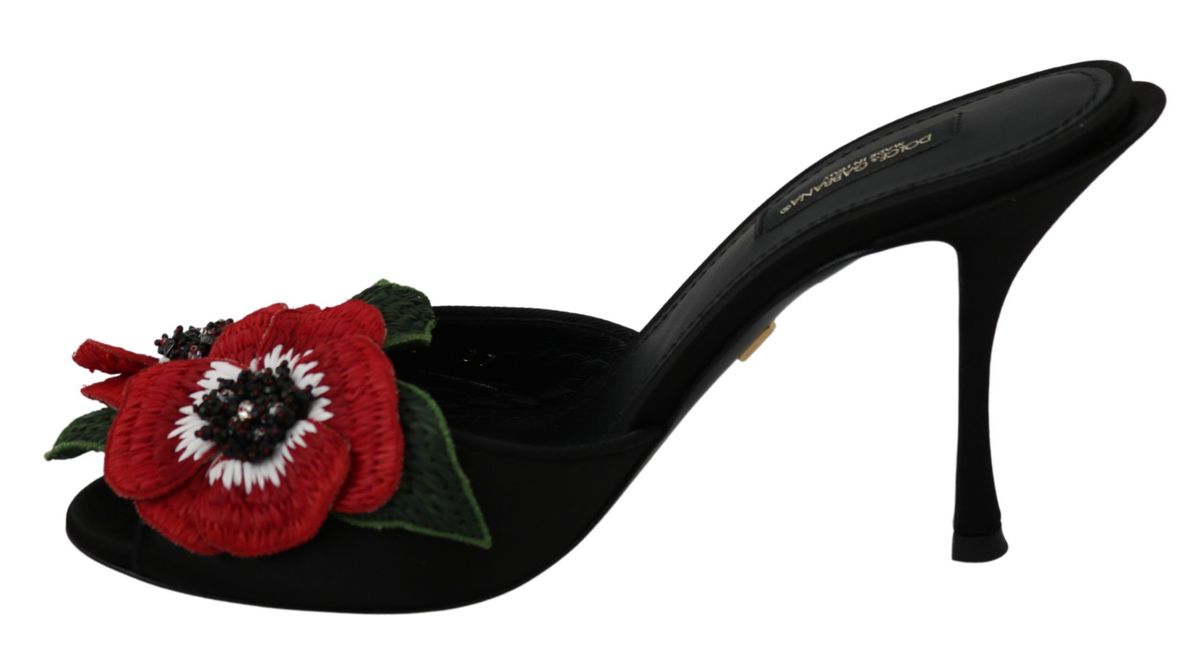 Dolce & Gabbana Elegant Black Silk Rose Heeled Sandals