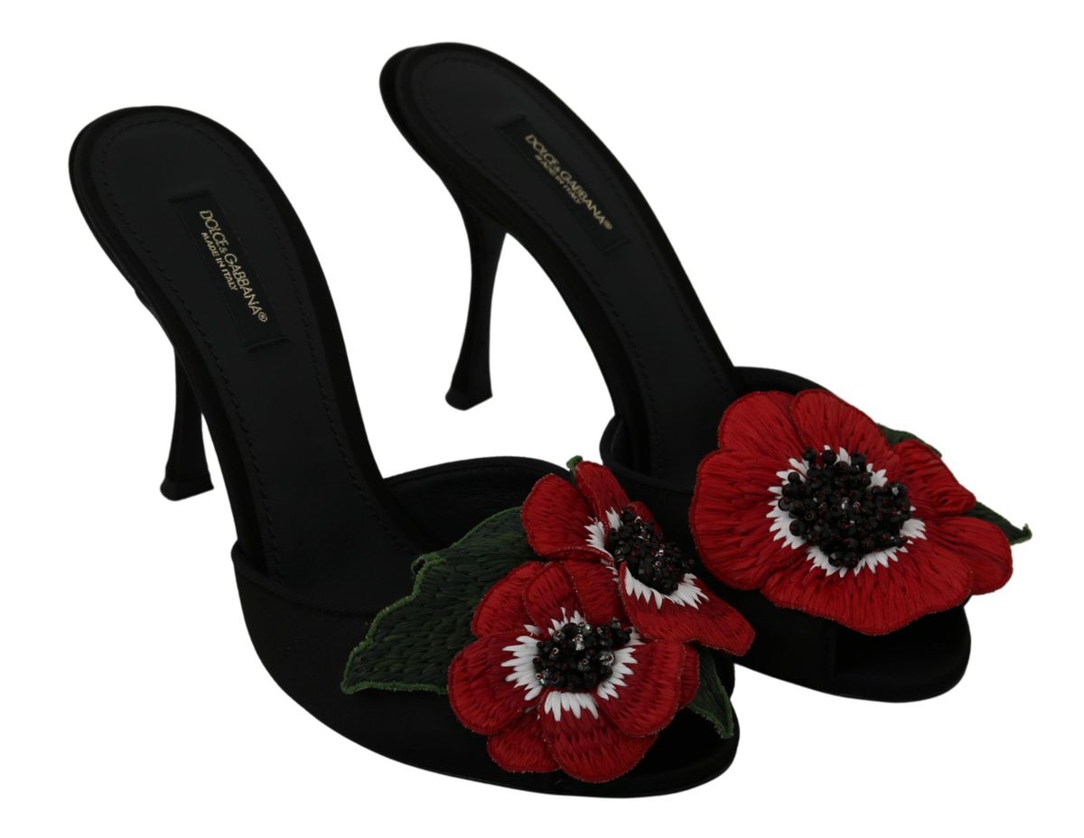 Dolce & Gabbana Elegant Black Silk Rose Heeled Sandals