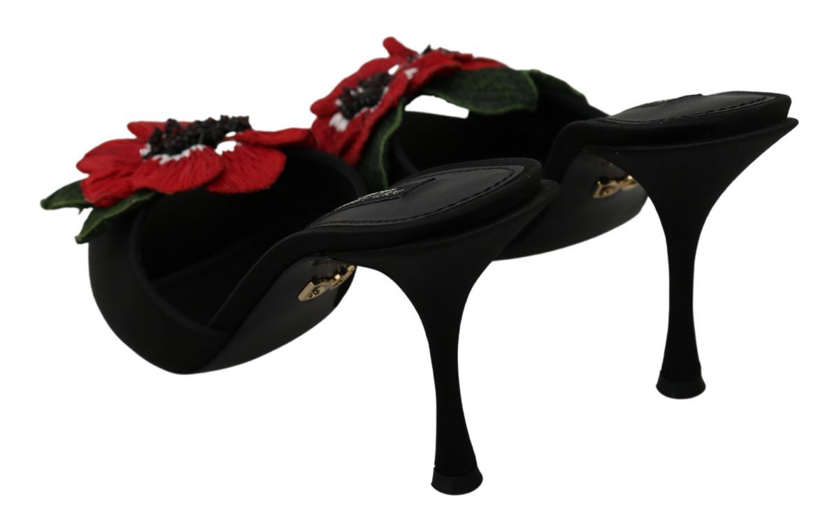 Dolce & Gabbana Elegant Black Silk Rose Heeled Sandals