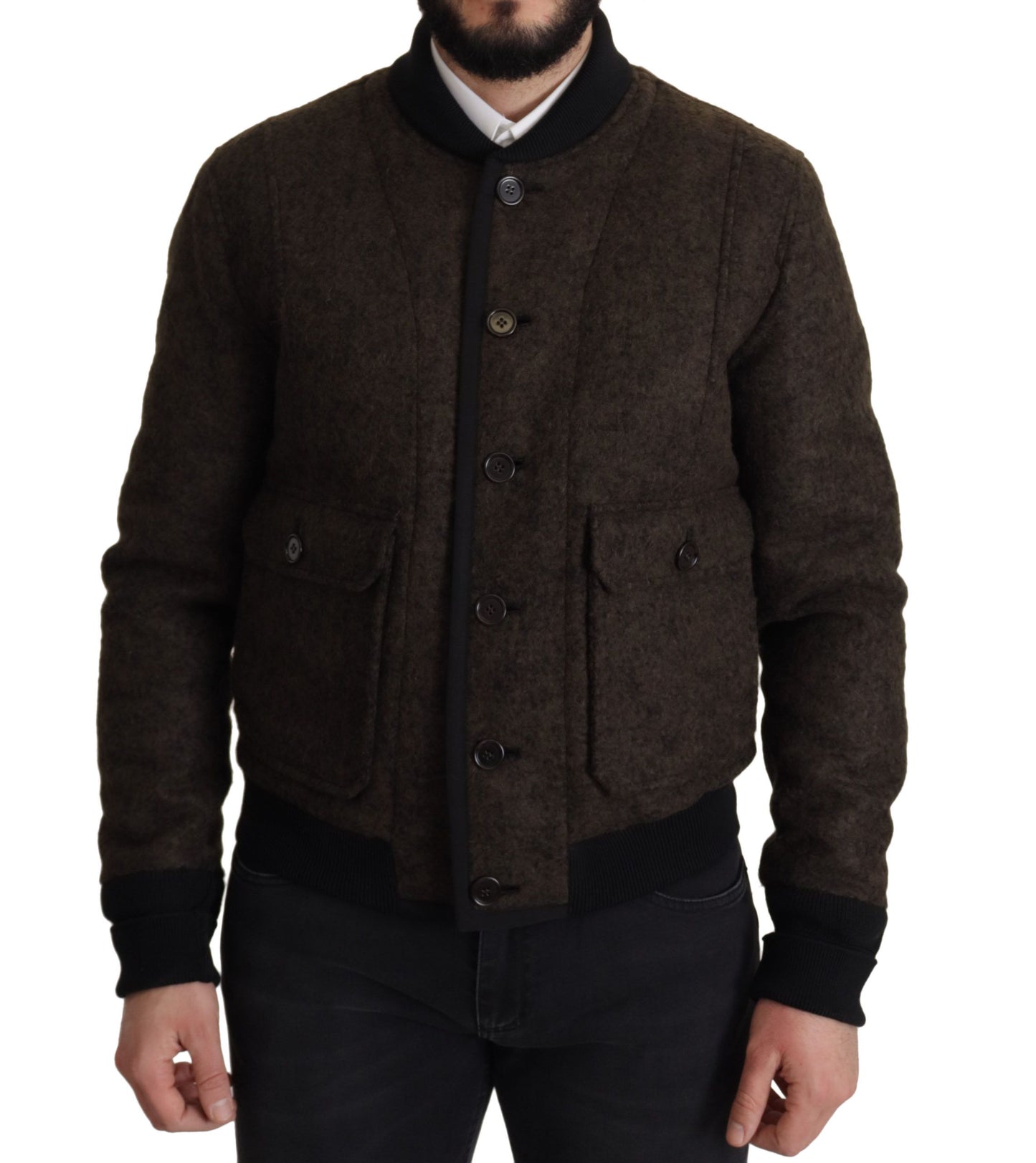 Dolce & Gabbana Brown Alpaca Button Down Bomber Coat Jacket