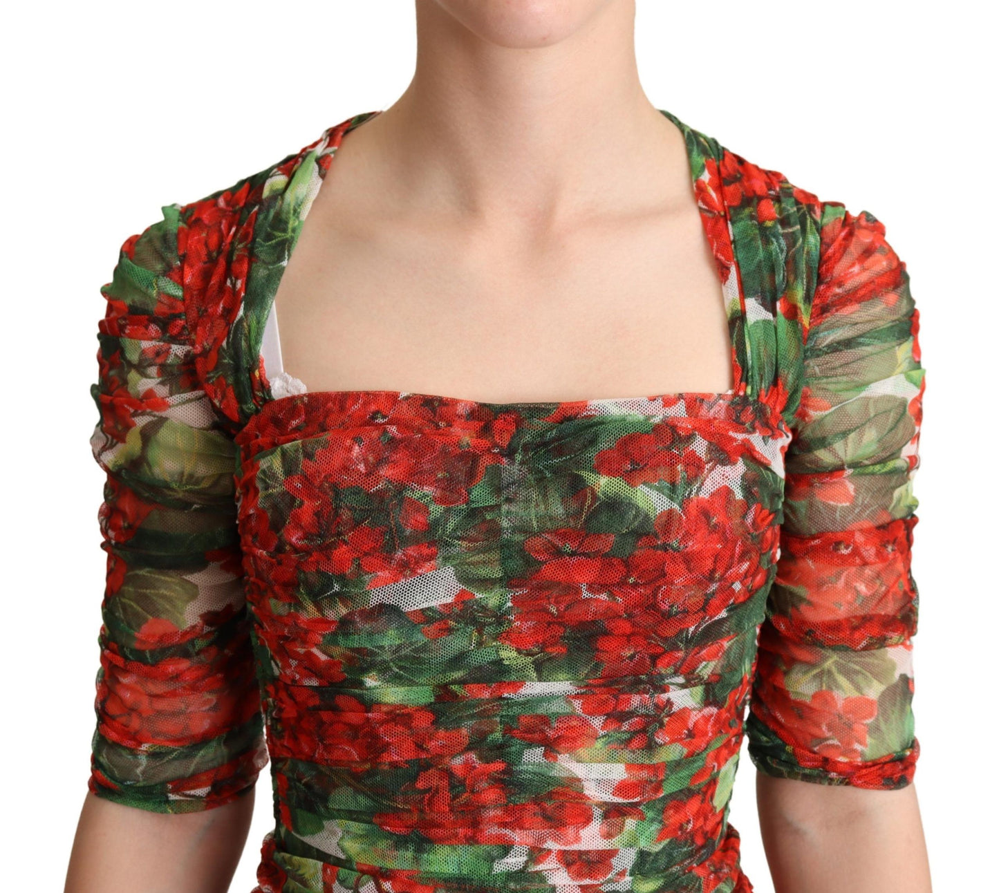 Dolce & Gabbana Red Floral Print Tulle Sheath Midi Dress