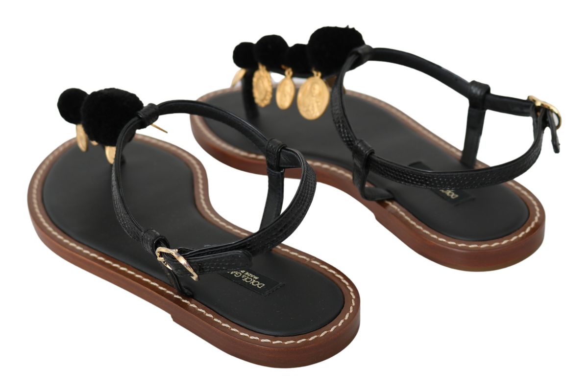 Dolce & Gabbana Pom Pom Flip Flop Ankle Strap Flats