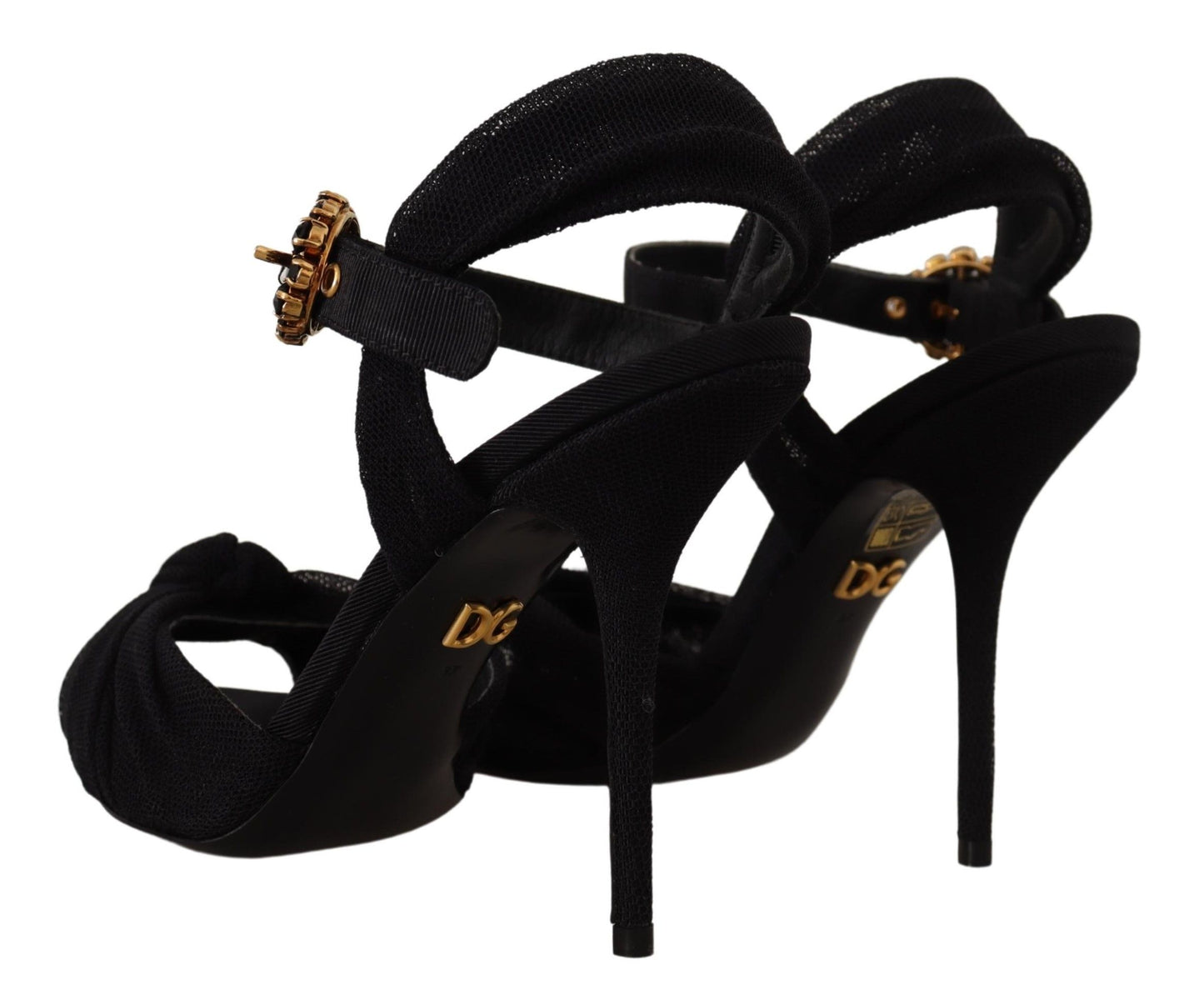 Dolce & Gabbana Black Tulle Ankle Strap Heels with Crystal Buckle