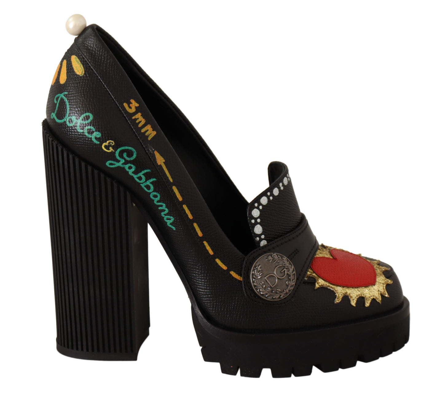 Dolce & Gabbana Black Leather Heart Embellished Pumps Shoes