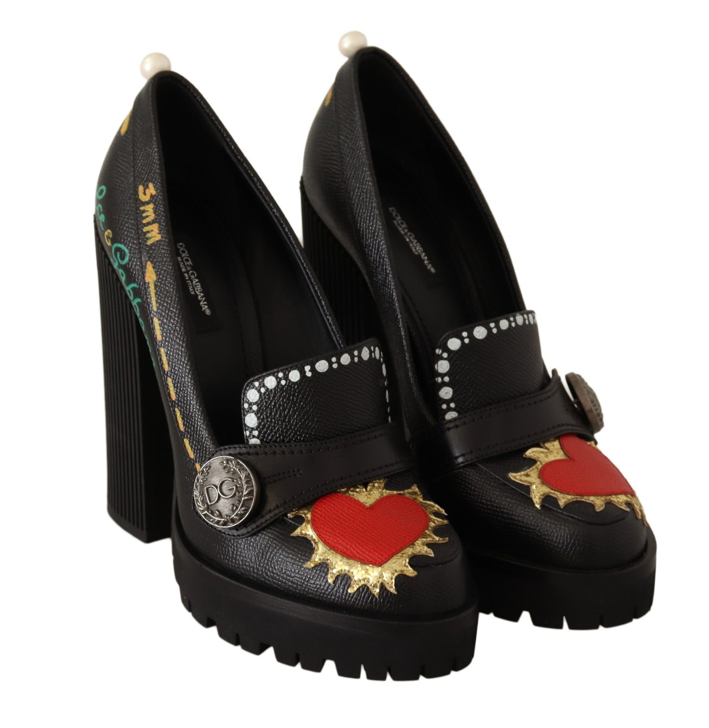 Dolce & Gabbana Black Leather Heart Embellished Pumps Shoes