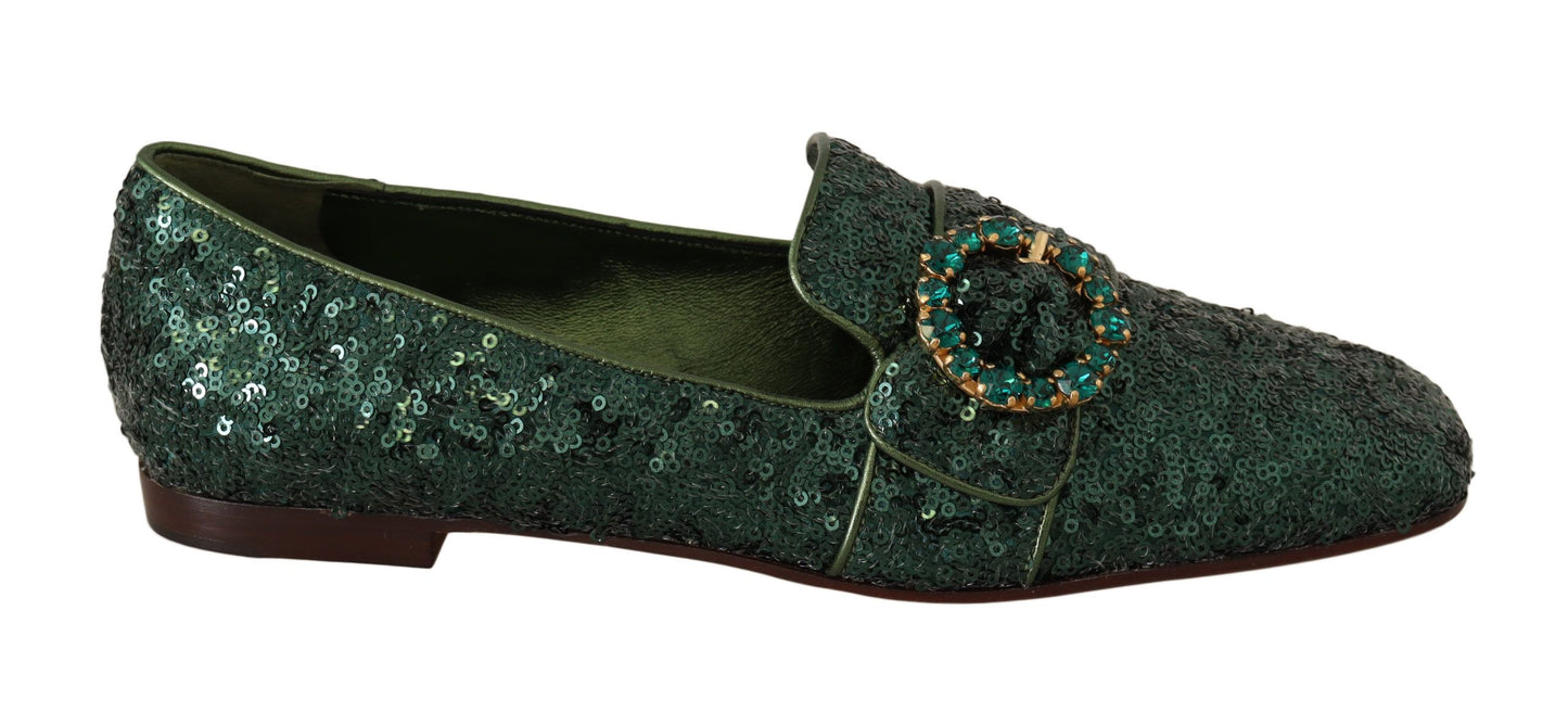 Dolce & Gabbana Emerald Sequined Loafers with Crystal Gems