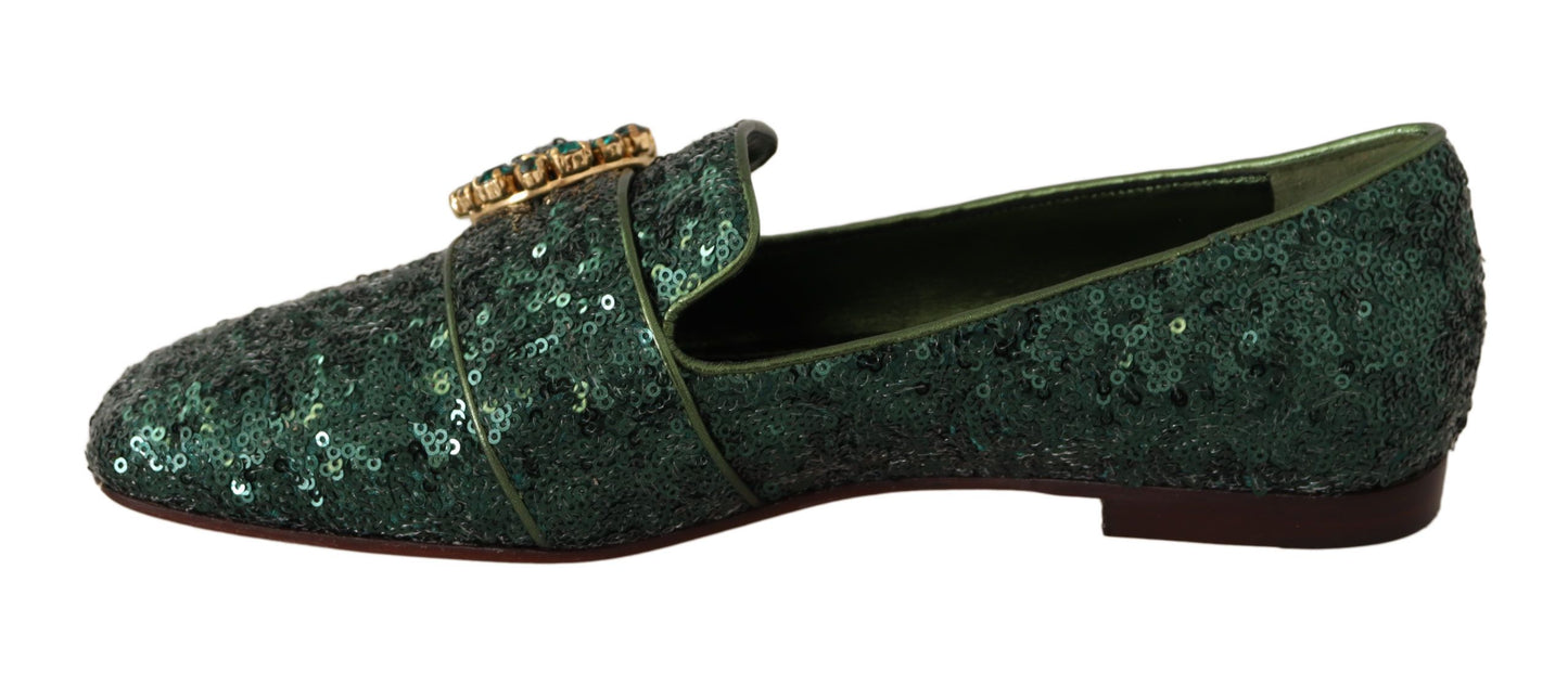 Dolce & Gabbana Emerald Sequined Loafers with Crystal Gems