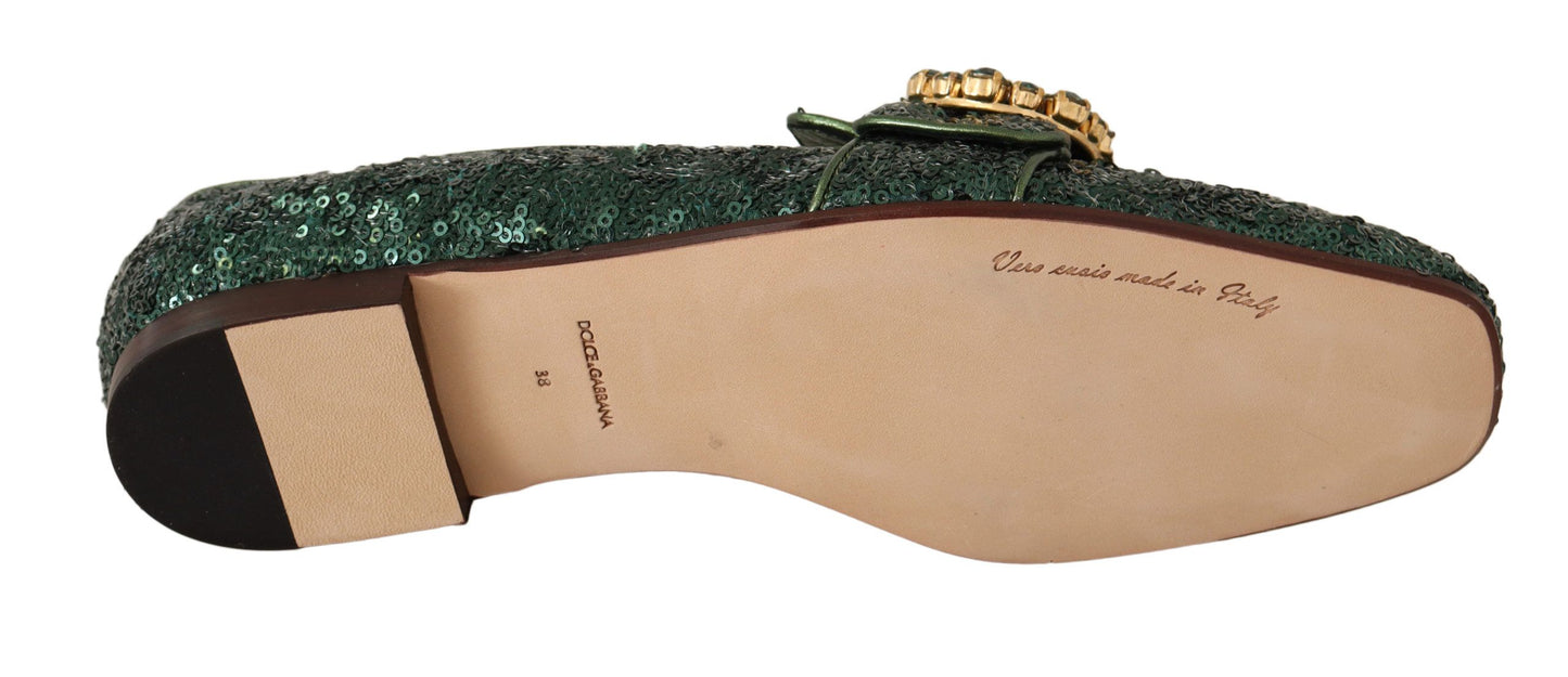 Dolce & Gabbana Emerald Sequined Loafers with Crystal Gems