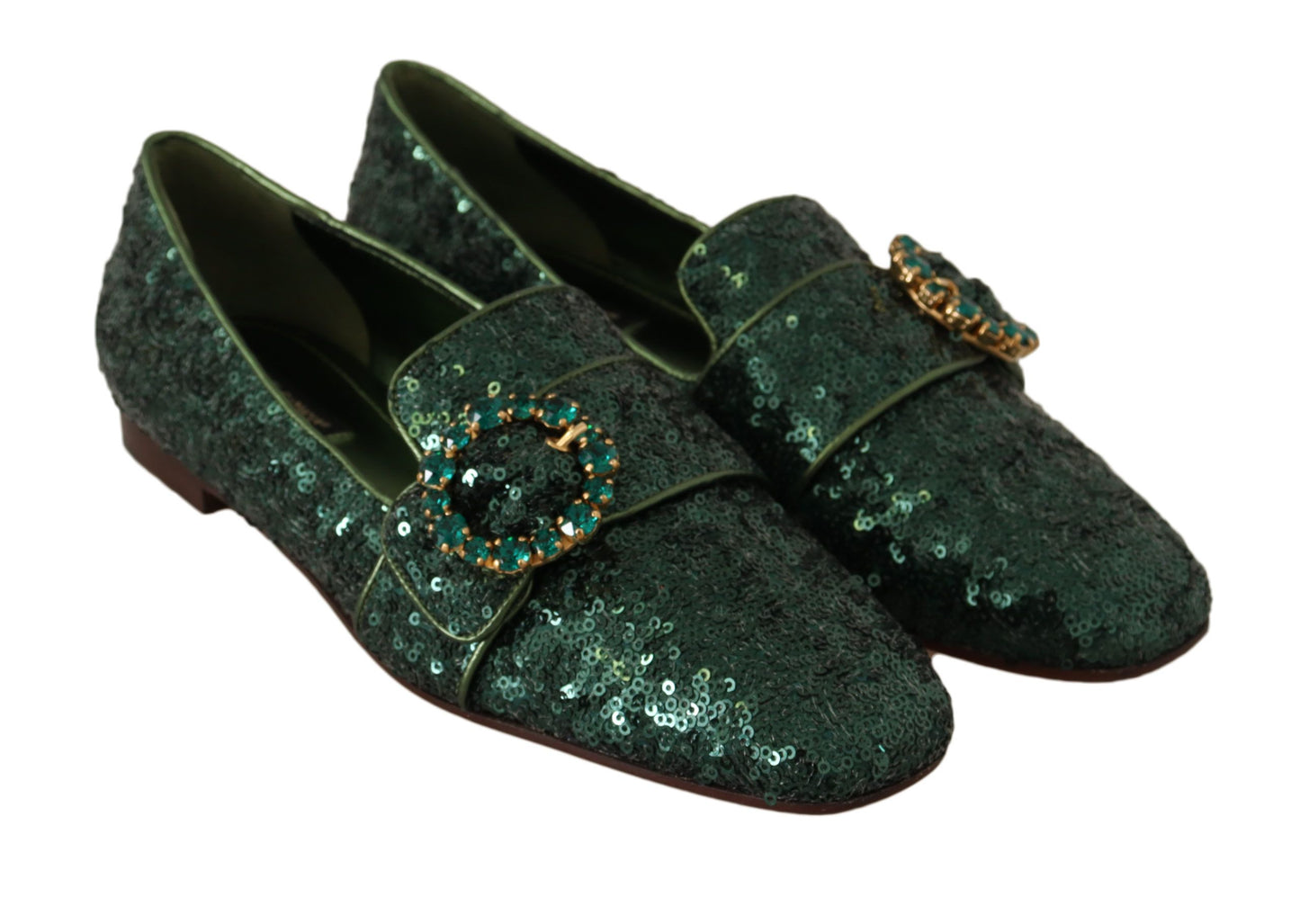 Dolce & Gabbana Emerald Sequined Loafers with Crystal Gems