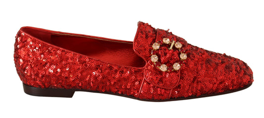 Dolce & Gabbana Sequined Red Flat Loafers with Crystal Gems