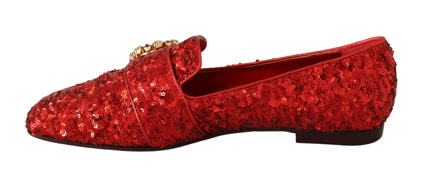 Dolce & Gabbana Sequined Red Flat Loafers with Crystal Gems