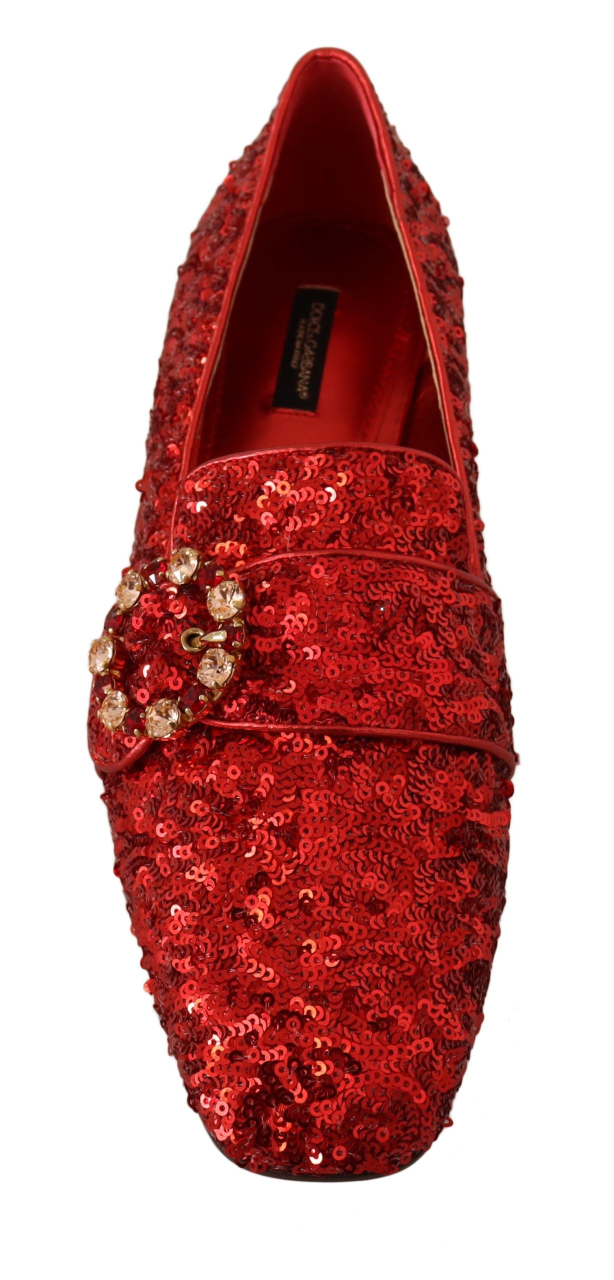 Dolce & Gabbana Sequined Red Flat Loafers with Crystal Gems