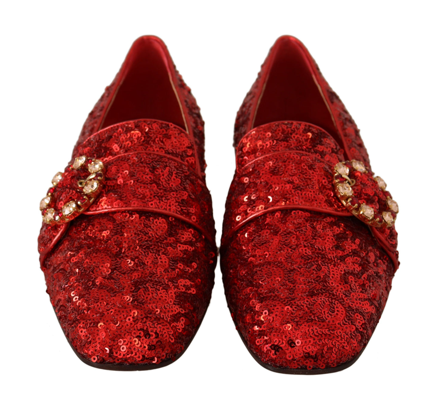 Dolce & Gabbana Sequined Red Flat Loafers with Crystal Gems