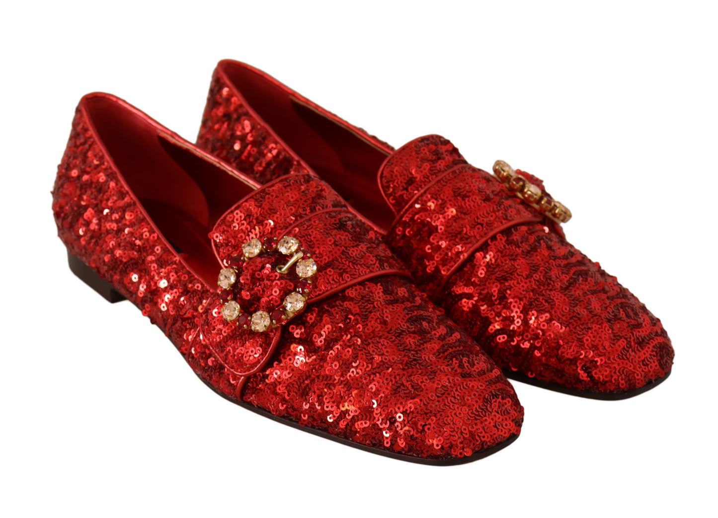 Dolce & Gabbana Sequined Red Flat Loafers with Crystal Gems