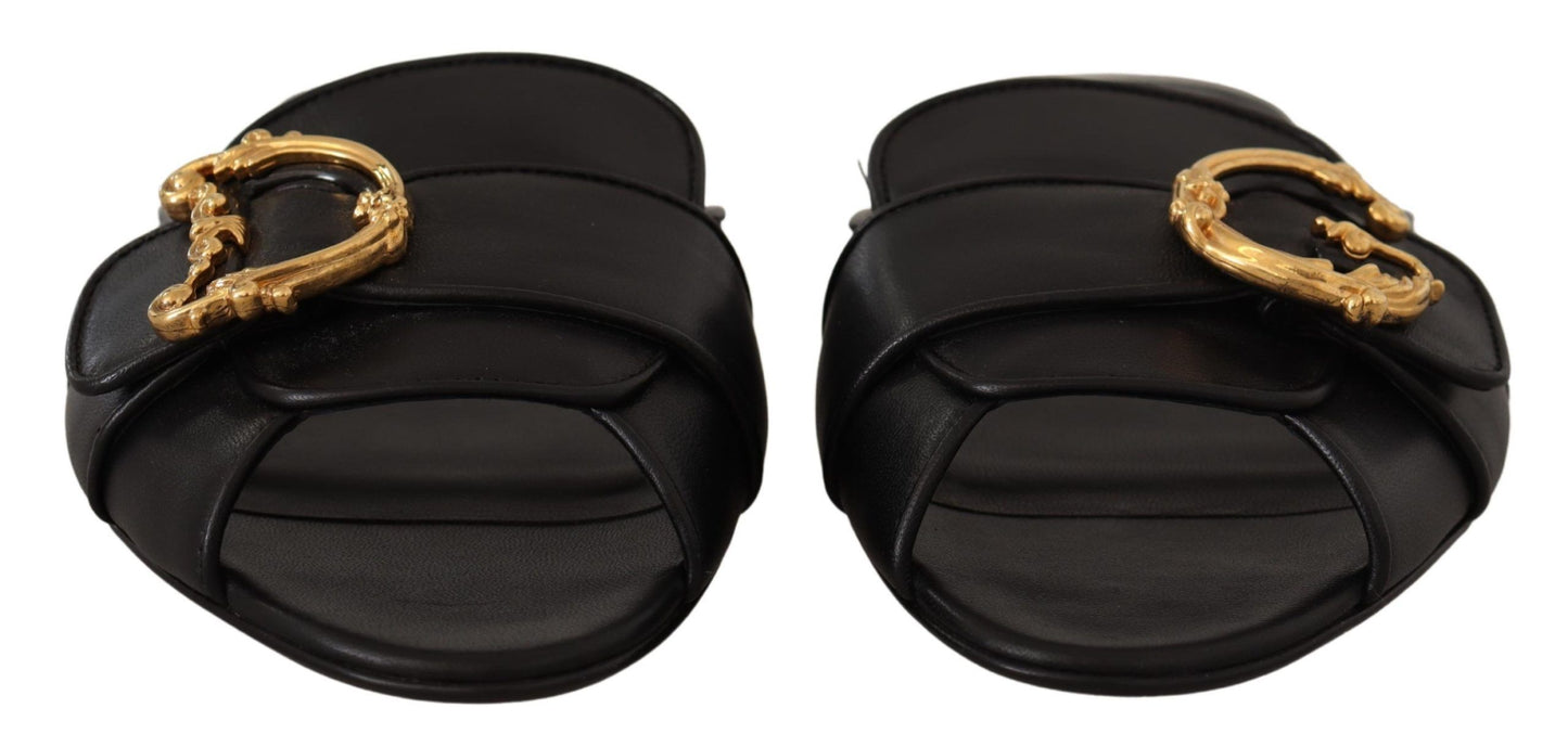 Dolce & Gabbana Elegant Black Leather Flat Sandals with Gold Detail