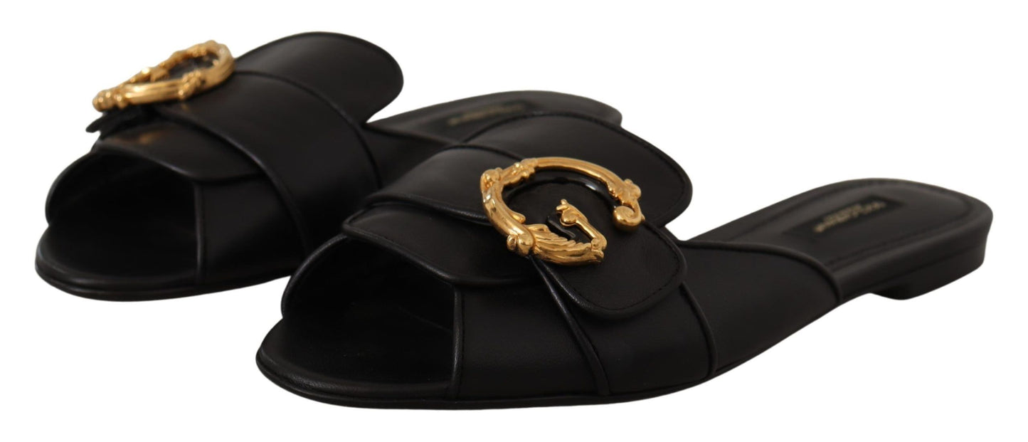 Dolce & Gabbana Elegant Black Leather Flat Sandals with Gold Detail