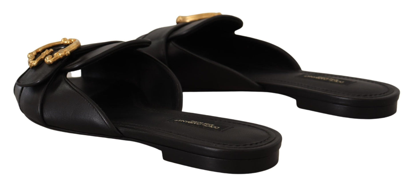 Dolce & Gabbana Elegant Black Leather Flat Sandals with Gold Detail