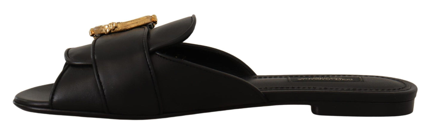 Dolce & Gabbana Elegant Black Leather Flat Sandals with Gold Detail