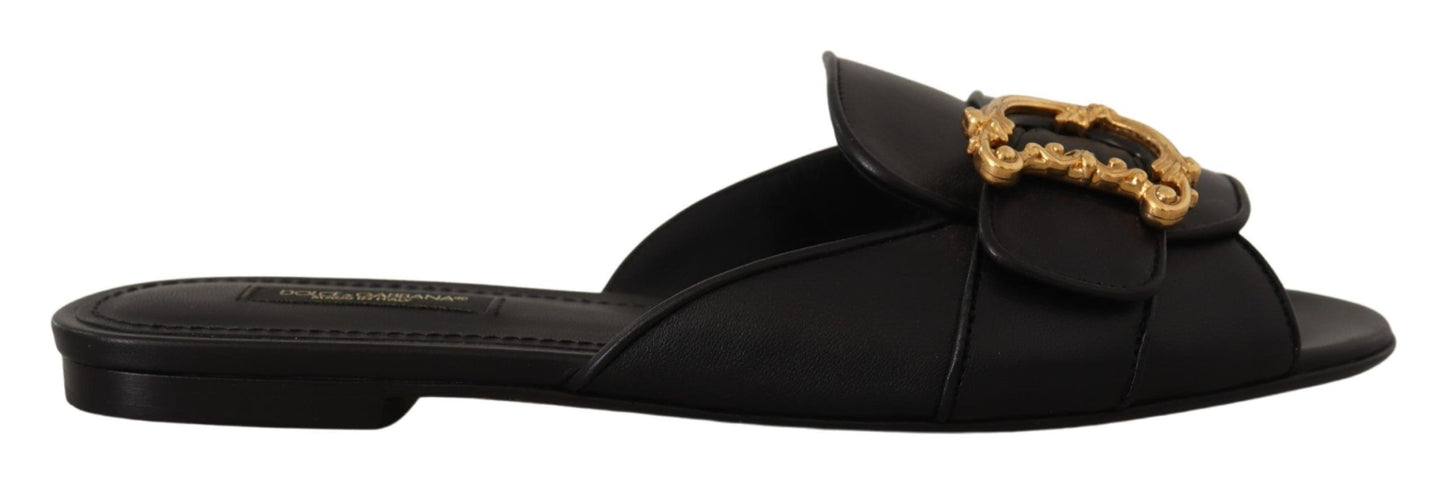 Dolce & Gabbana Elegant Black Leather Flat Sandals with Gold Detail