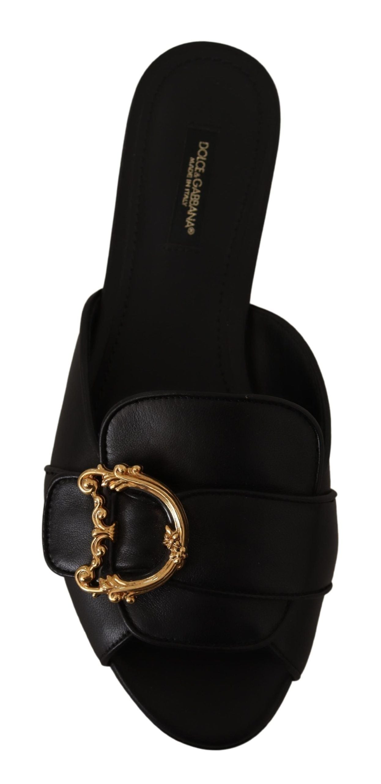 Dolce & Gabbana Elegant Black Leather Flat Sandals with Gold Detail