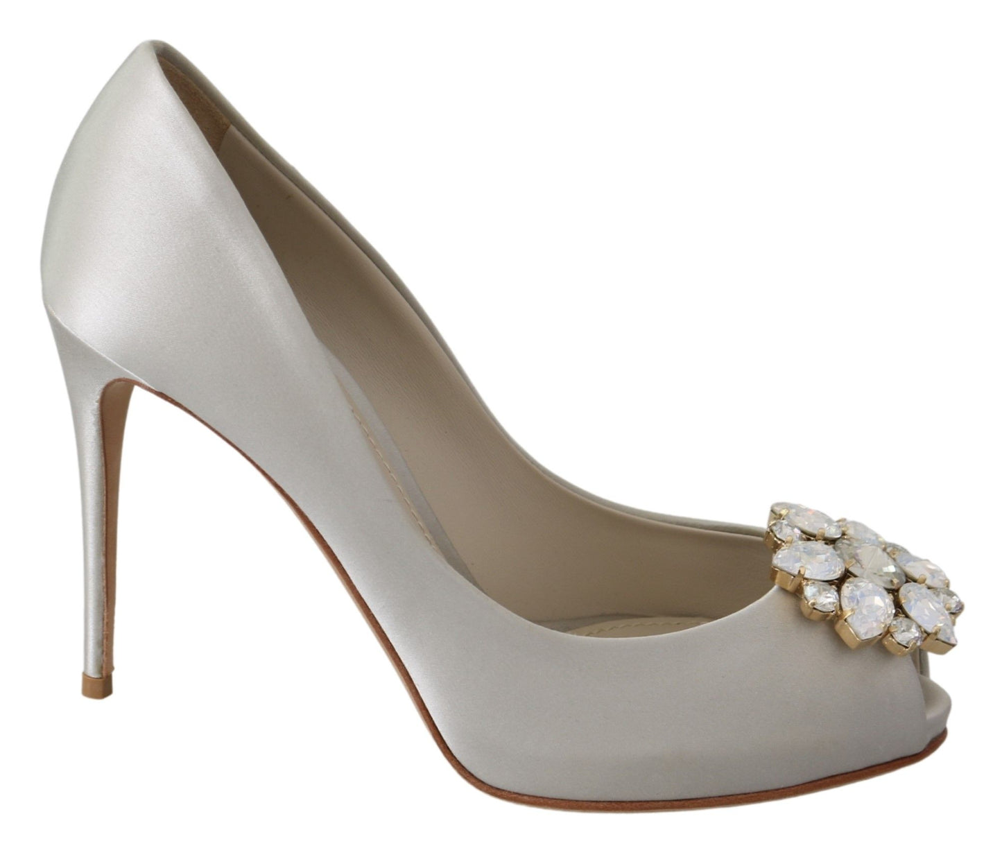 Dolce & Gabbana Elegant White Silk Crystal Peep Toe Heels