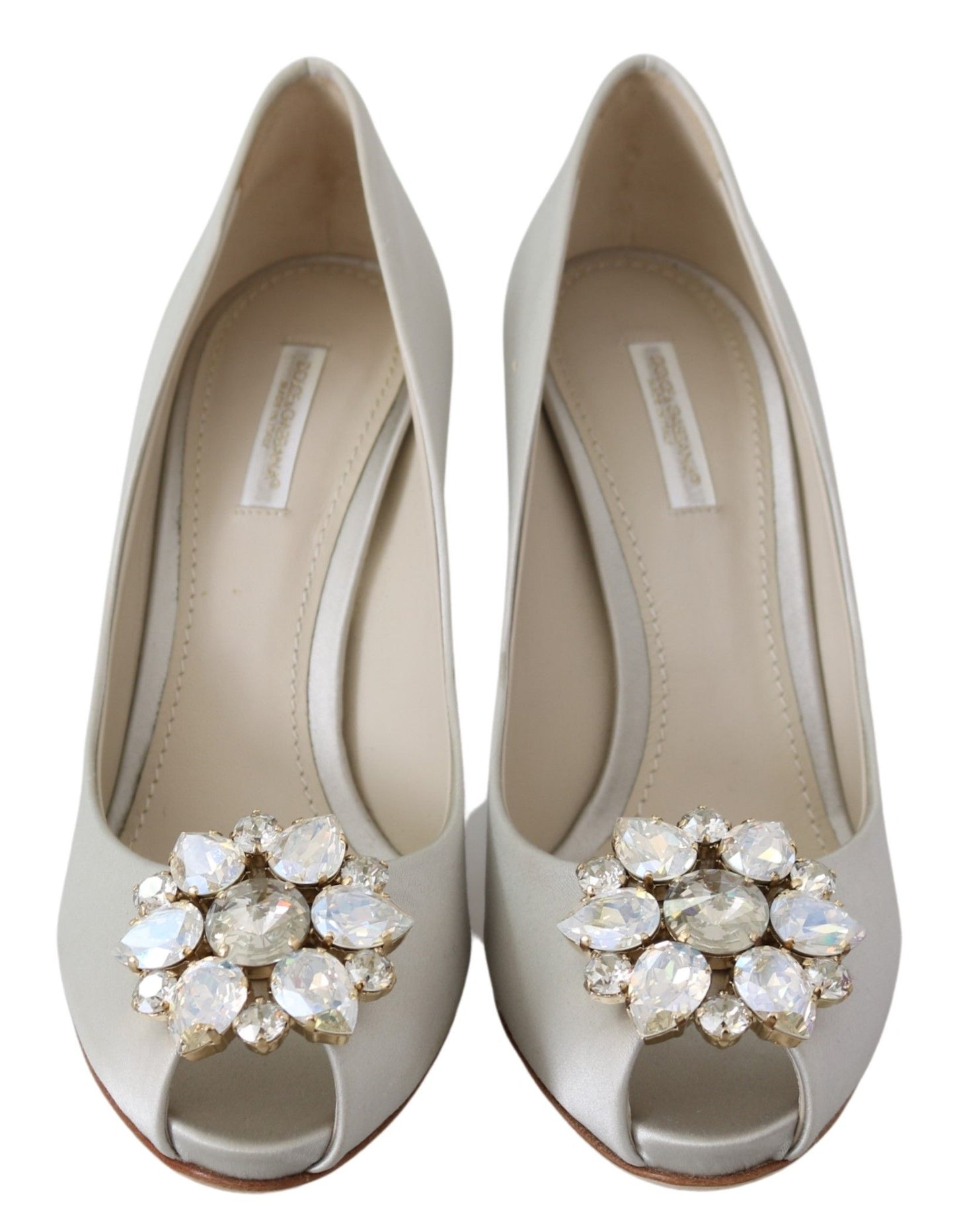 Dolce & Gabbana Elegant White Silk Crystal Peep Toe Heels