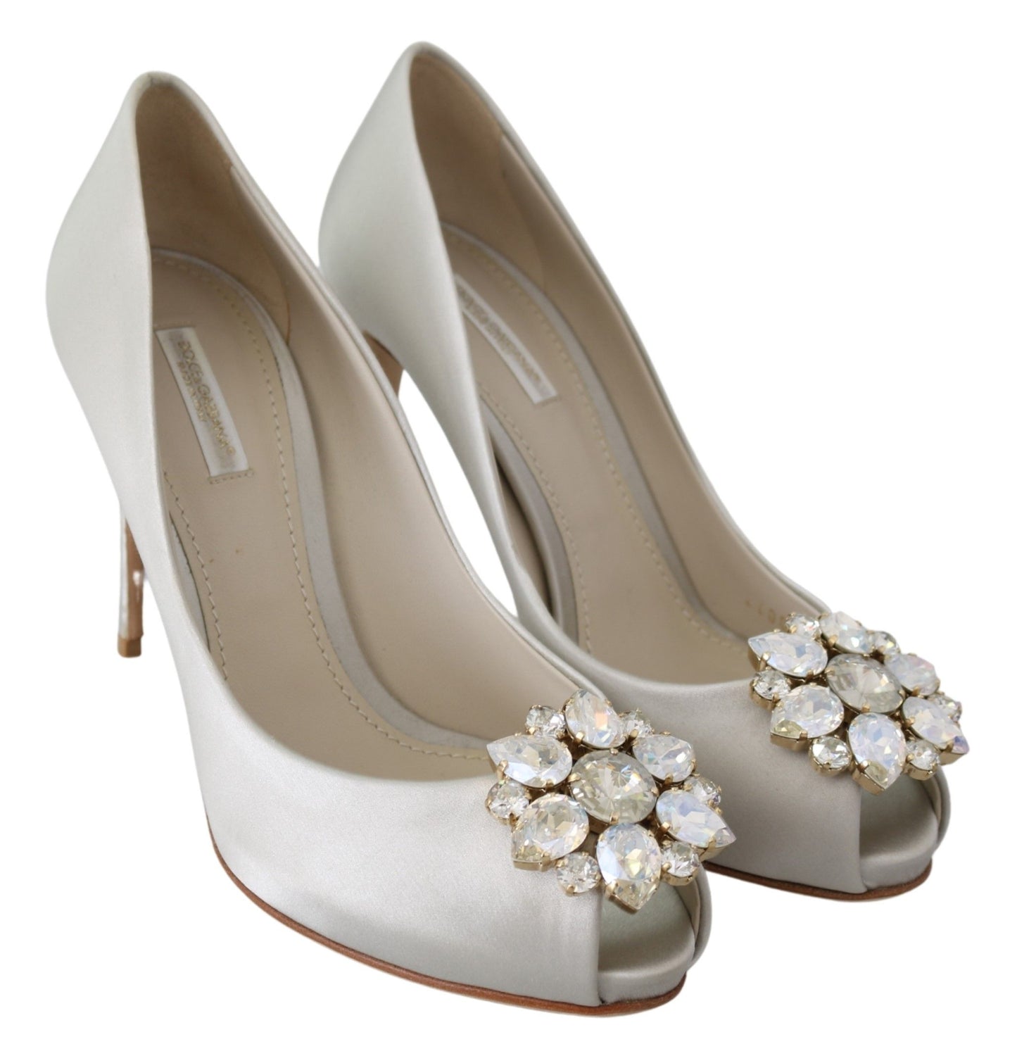 Dolce & Gabbana Elegant White Silk Crystal Peep Toe Heels