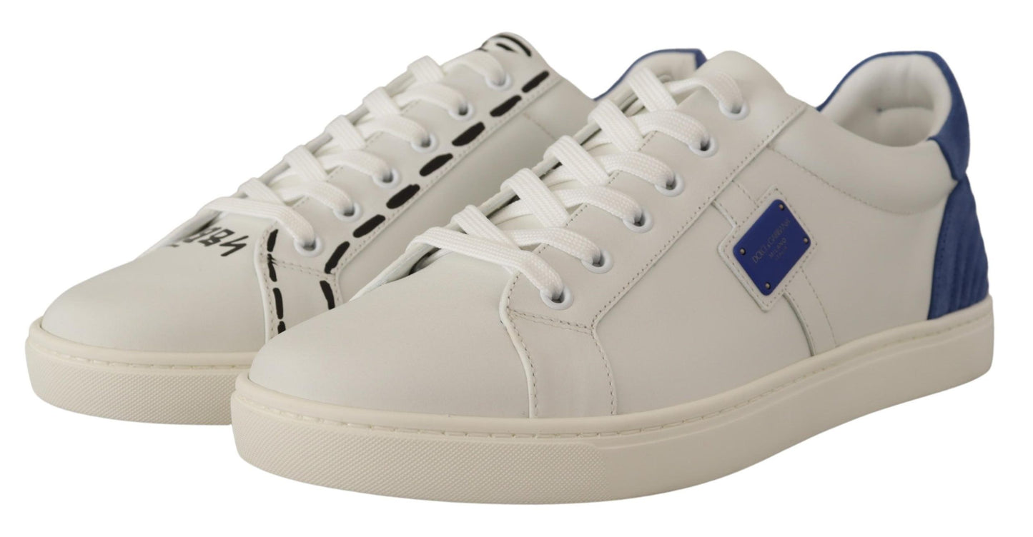 Dolce & Gabbana Elegant White & Blue Low-Top Leather Sneakers