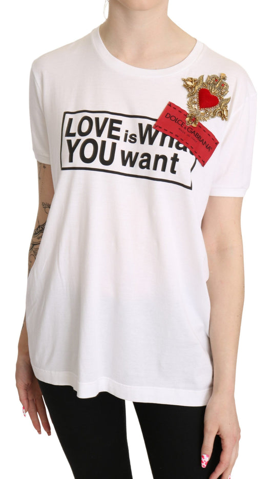 Dolce & Gabbana Elegant White Cotton Tee with Heart Embroidery