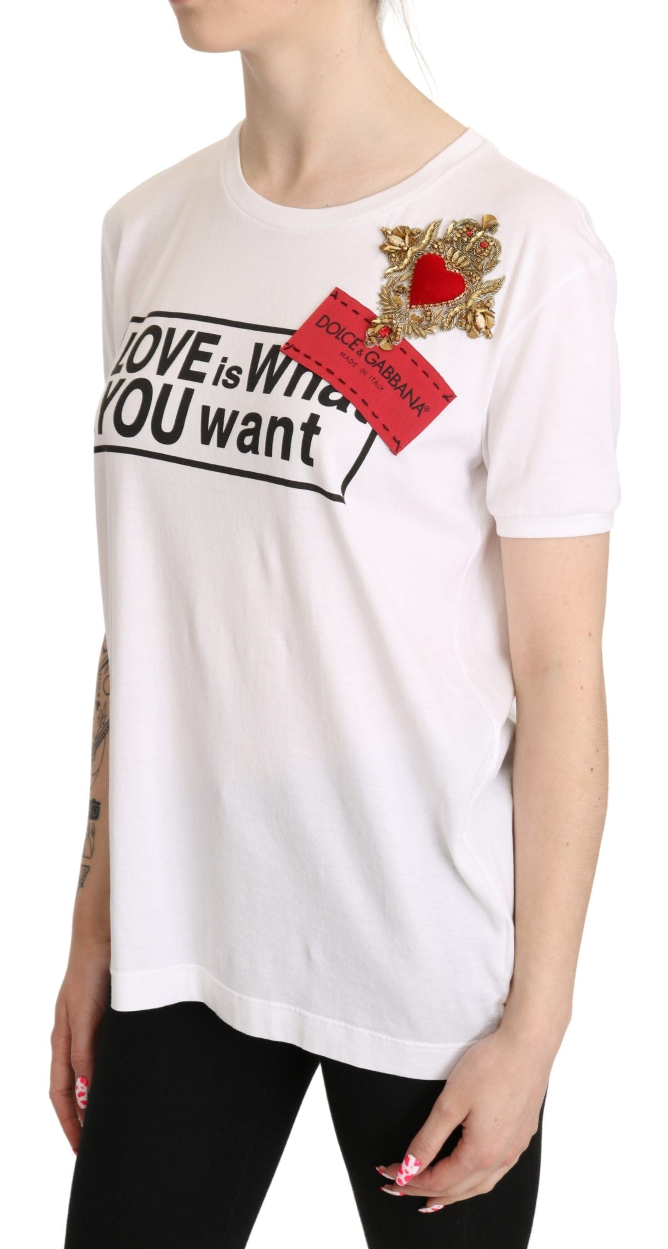 Dolce & Gabbana Elegant White Cotton Tee with Heart Embroidery