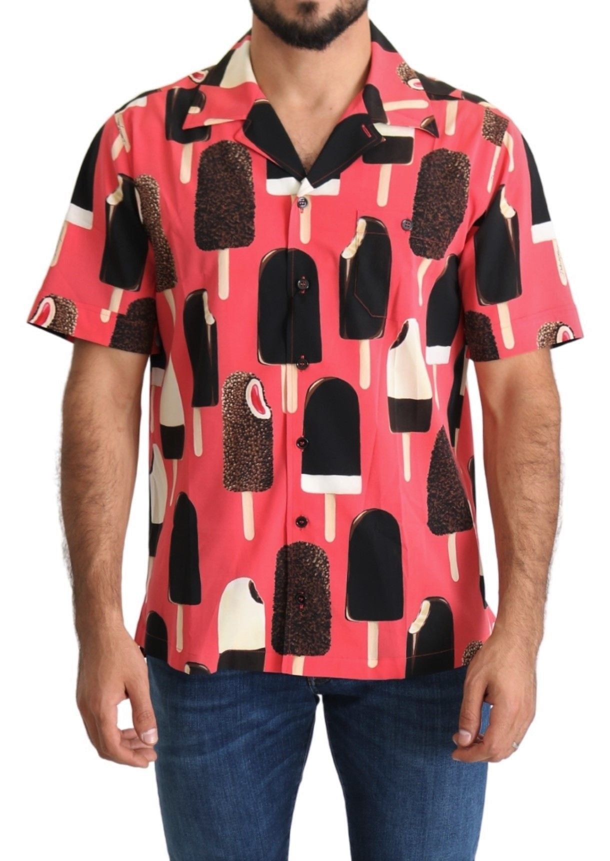 Dolce & Gabbana Chic Pink Ice Cream Print Silk Shirt