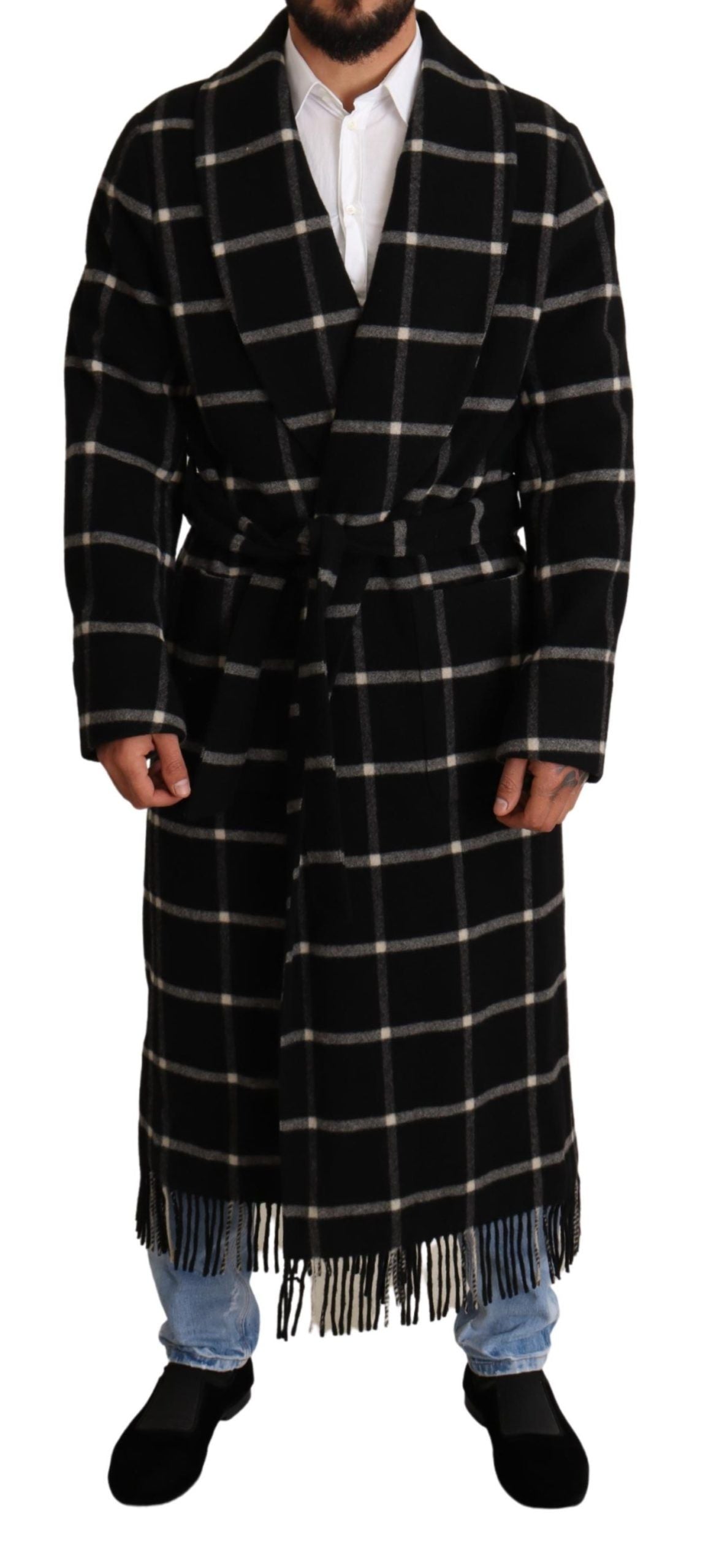 Dolce & Gabbana Elegant Black and Gray Wool Long Coat Jacket Robe