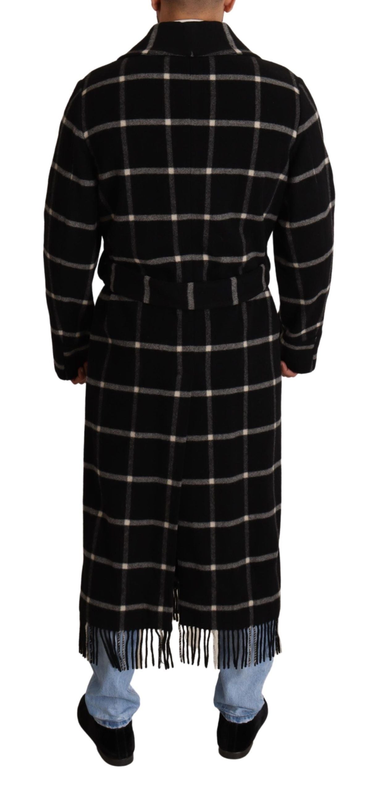 Dolce & Gabbana Elegant Black and Gray Wool Long Coat Jacket Robe