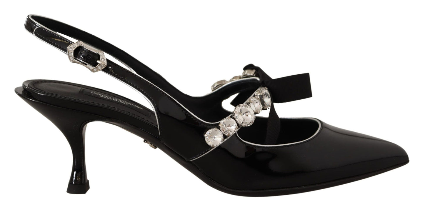 Dolce & Gabbana Black Patent Leather Crystal Slingbacks Shoes