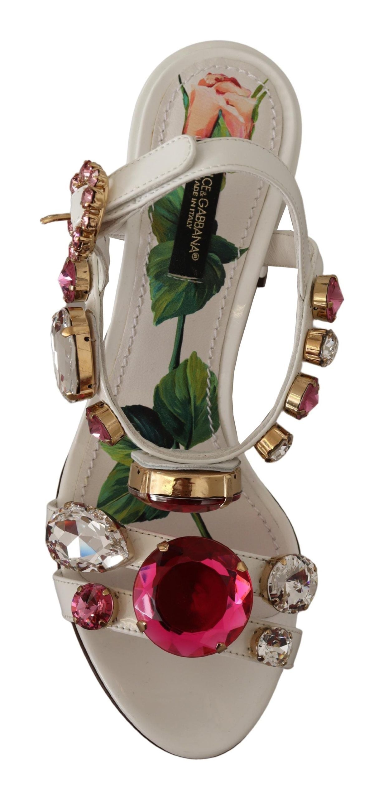 Dolce & Gabbana Elegant Strappy Sandals with Pink Roses and Crystals