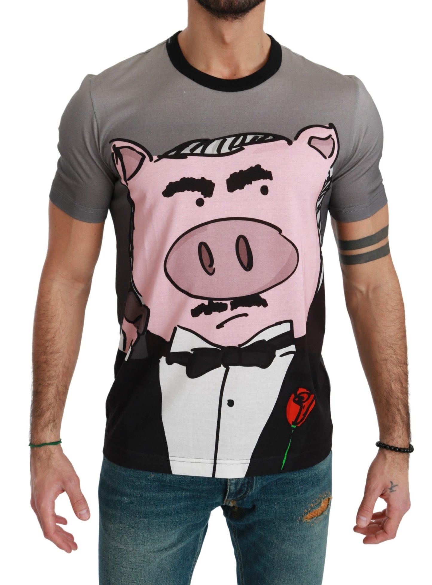 Dolce & Gabbana Gray Cotton Year of the Pig T-Shirt