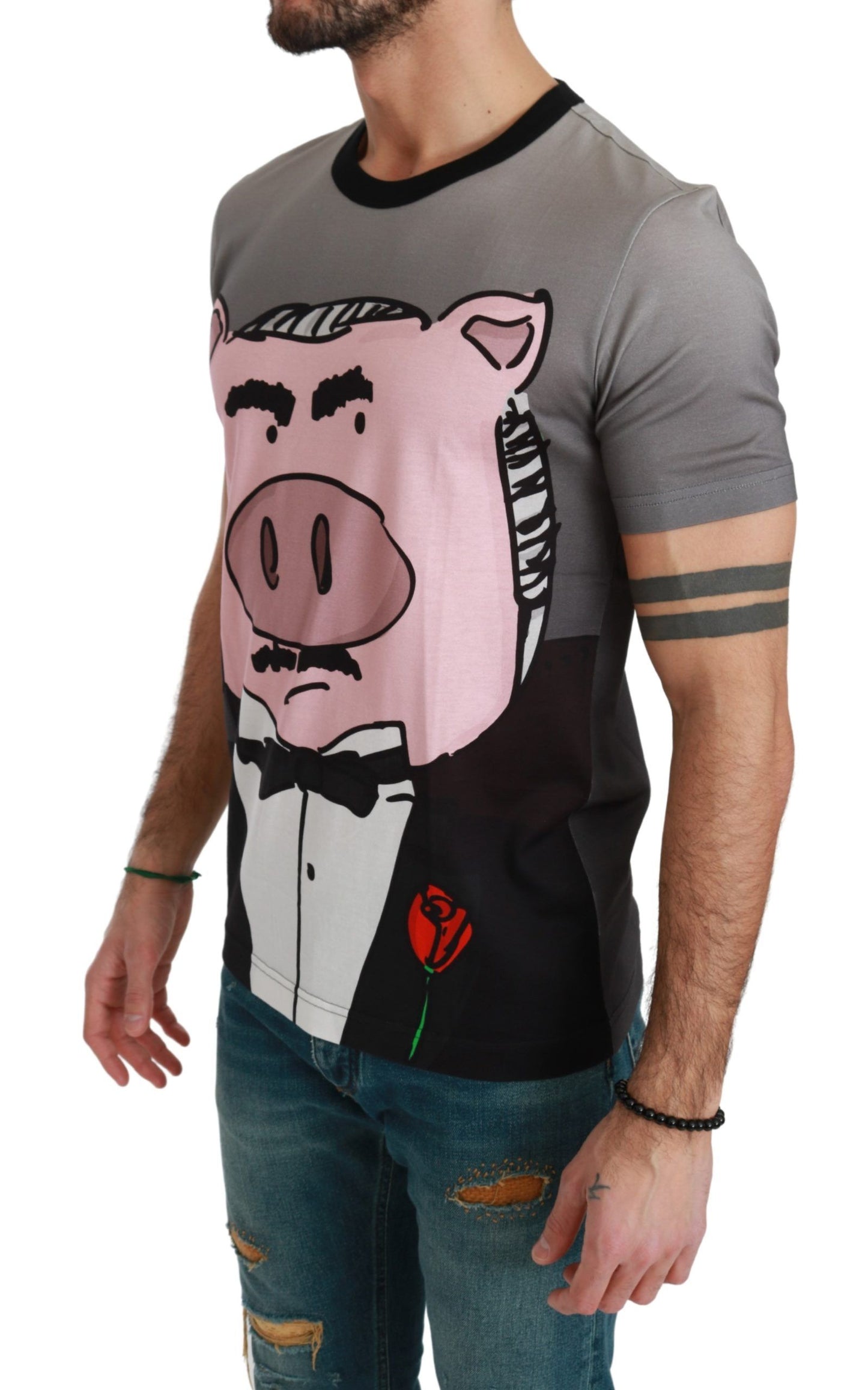 Dolce & Gabbana Gray Cotton Year of the Pig T-Shirt