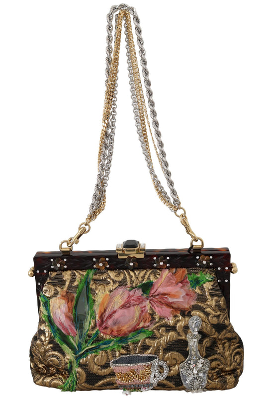 Dolce & Gabbana Elegant Gold Silk Evening Clutch With Exotic Accents