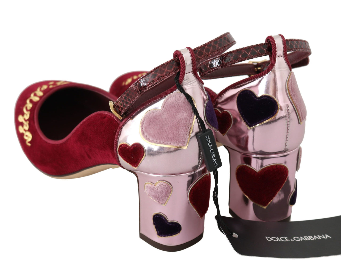 Dolce & Gabbana Elegant Red Ankle Strap Heels with Heart Patches