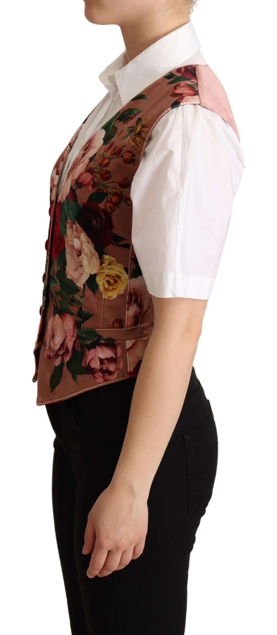 Dolce & Gabbana Pink Floral Print Velvet Sleeveless Vest