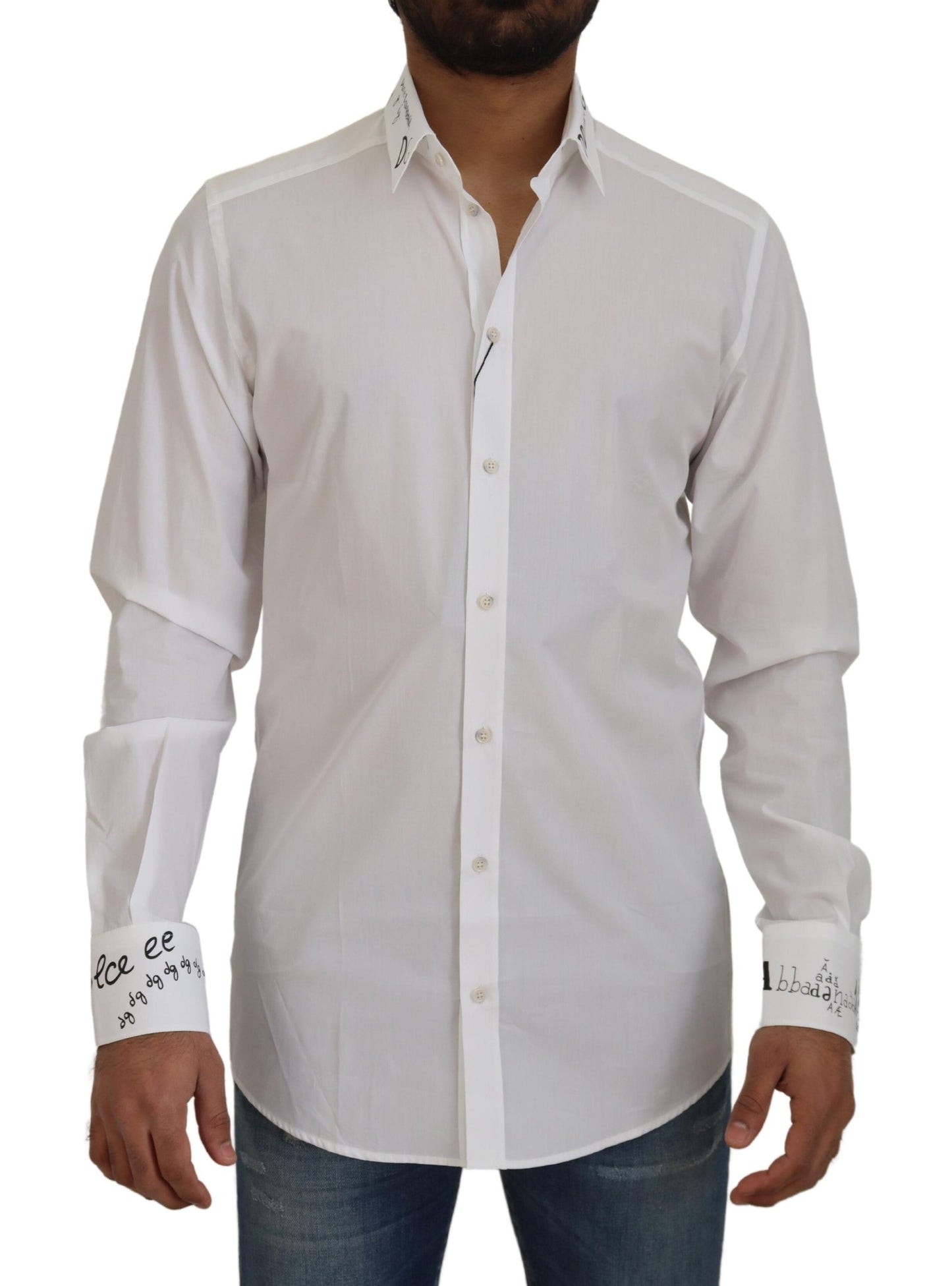 Dolce & Gabbana White Printed Cotton SlimFit Dress GOLD Shirt